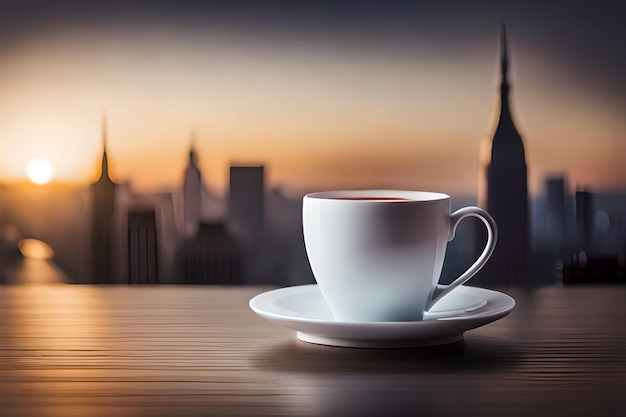 uma xícara de café em uma mesa com uma vista do horizonte da cidade no fundo