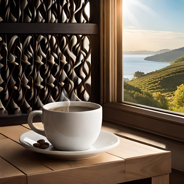 uma xícara de café em uma mesa com vista para o lago.