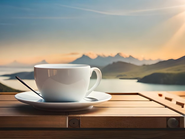 Uma xícara de café em uma mesa de madeira com montanhas ao fundo