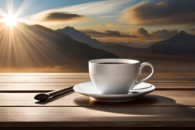 Uma xícara de café em uma mesa de madeira