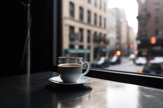 Uma xícara de café em uma mesa em frente a uma janela com vista para a geração de IA dos edifícios da cidade