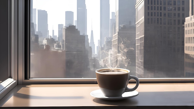 Uma xícara de café em uma mesa em frente a uma janela com vista para a geração de IA dos edifícios da cidade