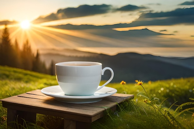 uma xícara de café em uma mesa em frente a uma paisagem montanhosa