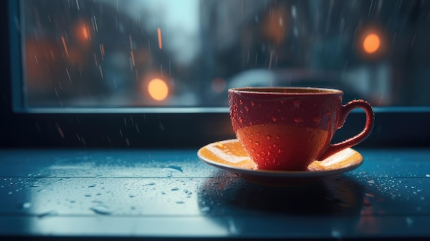 Uma xícara de café em uma noite chuvosa