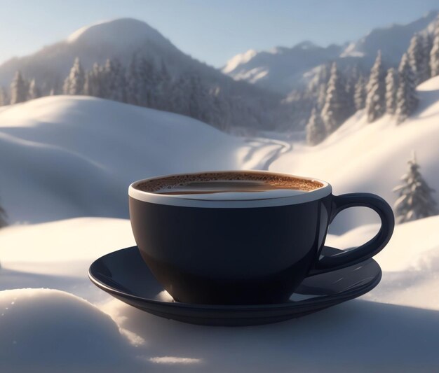 Uma xícara de café em uma visão realista de neve