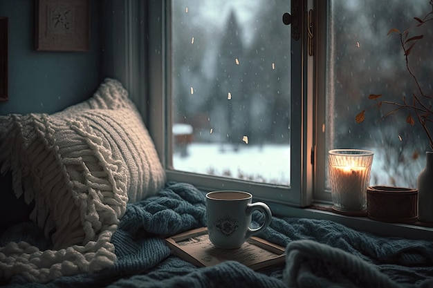 Uma xícara de café está em uma bandeja ao lado de uma vela em uma janela com neve.