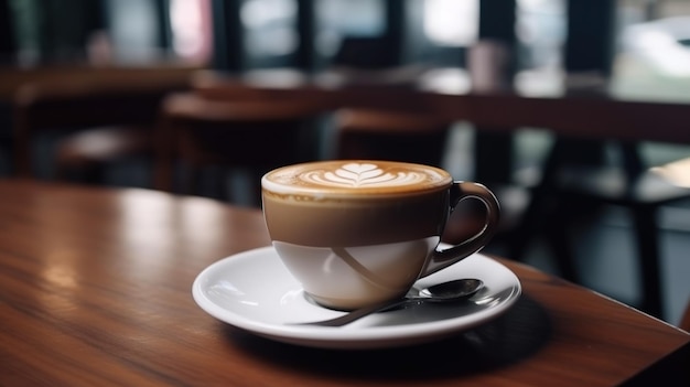 Uma xícara de café está sobre a mesa de um bar.