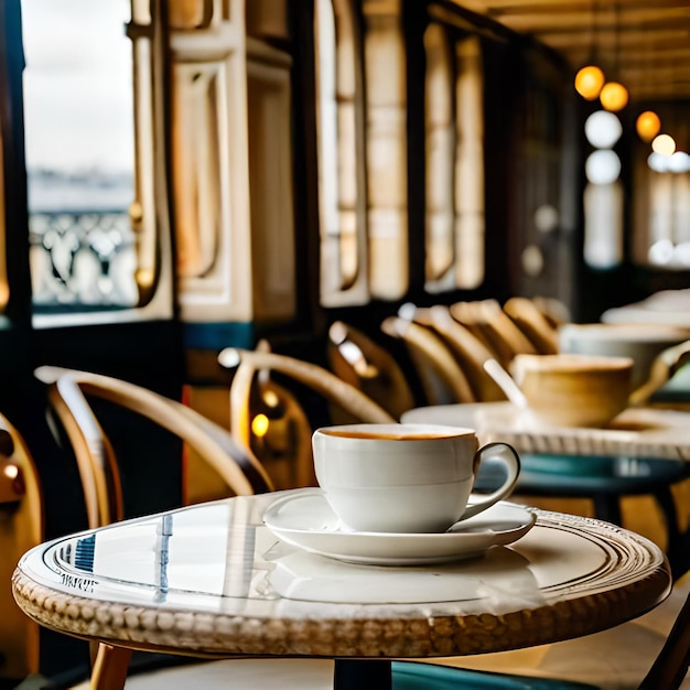 Foto uma xícara de café está sobre a mesa de um restaurante.