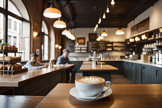 Foto uma xícara de café está sobre a mesa de uma cafeteria.