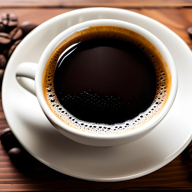 Uma xícara de café está sobre um pires ao lado de um pires com grãos de café.
