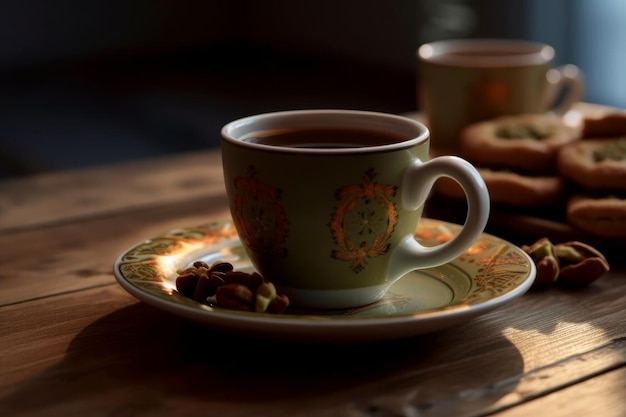 Uma xícara de café está sobre um prato com algumas nozes.