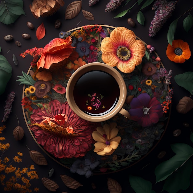 Uma xícara de café está sobre um prato com flores e folhas.