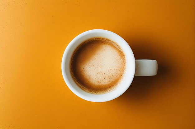 Uma xícara de café está sobre uma mesa amarela.