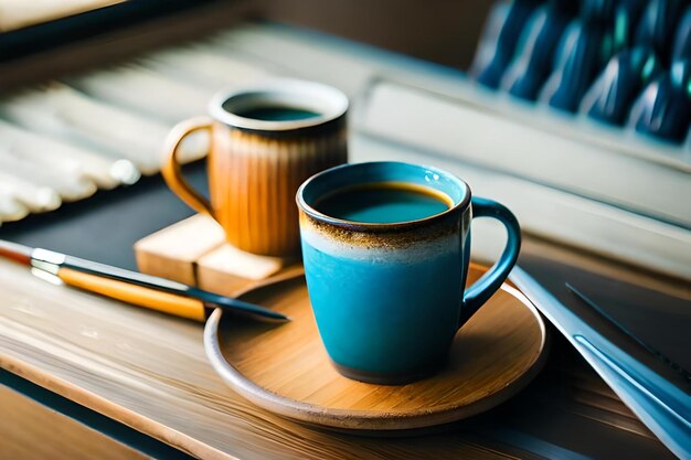 Uma xícara de café está sobre uma mesa ao lado de um teclado.