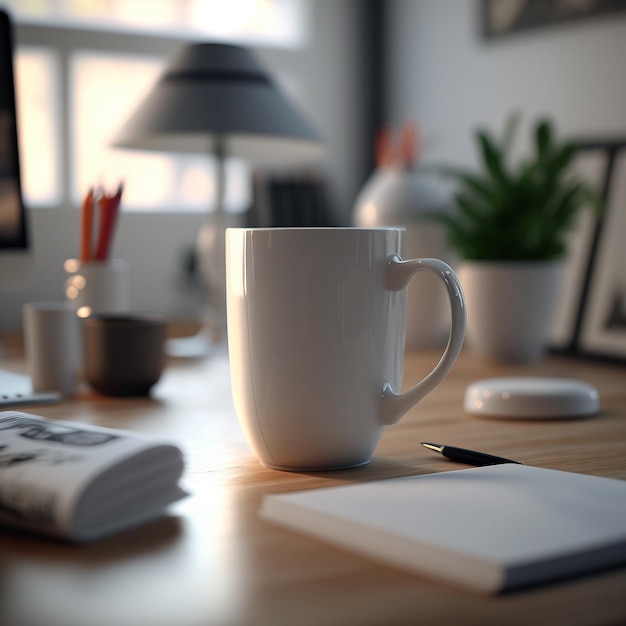 Uma xícara de café está sobre uma mesa com um bloco de notas e uma caneta.