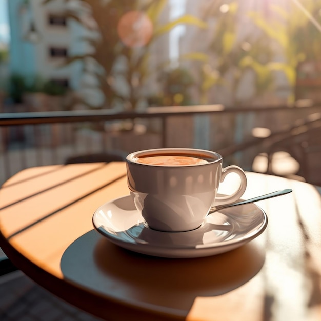 Uma xícara de café está sobre uma mesa com uma colher sobre ela.