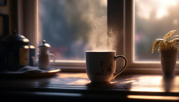 Uma xícara de café está sobre uma mesa com uma janela ao fundo.