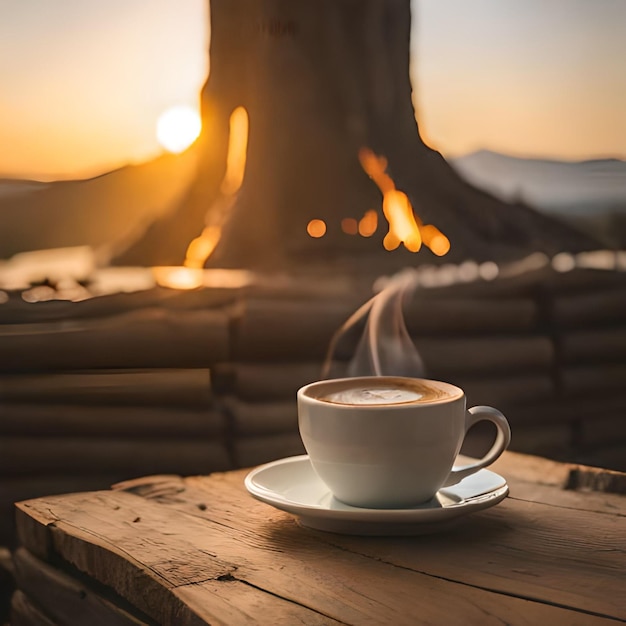Foto uma xícara de café está sobre uma mesa de madeira em frente a uma lareira ao pôr do sol.