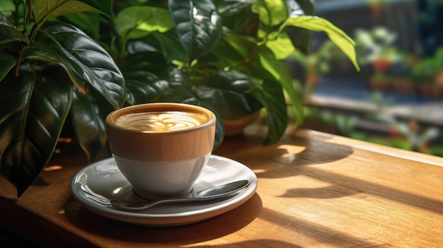 Uma xícara de café está sobre uma mesa em frente a uma planta.