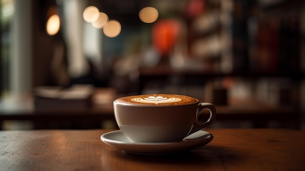 Uma xícara de café está sobre uma mesa em um café.