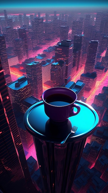 uma xícara de café está sobre uma mesa redonda.