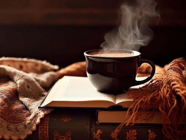 Uma xícara de café está sobre uma pilha de livros com um lenço em volta.