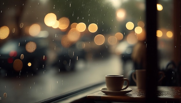 Uma xícara de café fica em uma janela na chuva.