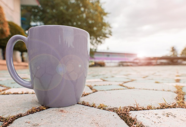 Uma xícara de café foi colocada no chão em um jardim público que foi usado para exercícios com iluminação suave e justa com vista para o céu e as árvores