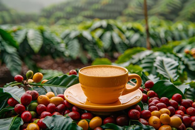 Uma xícara de café fresco em uma mesa rústica em meio a uma exuberante plantação de café com cerejas de café maduras