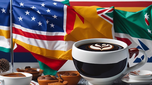 Uma xícara de café fumegante ao lado de bandeiras de todo o mundo comemorando o Dia Internacional do Café