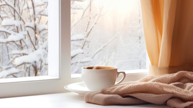 Uma xícara de café fumegante com cobertor no peitoril da janela no fundo da cena nevada de inverno