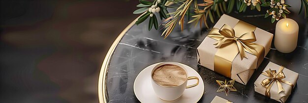 Uma xícara de café morna quente em uma mesa de madeira convida a um momento de relaxamento em um cenário festivo