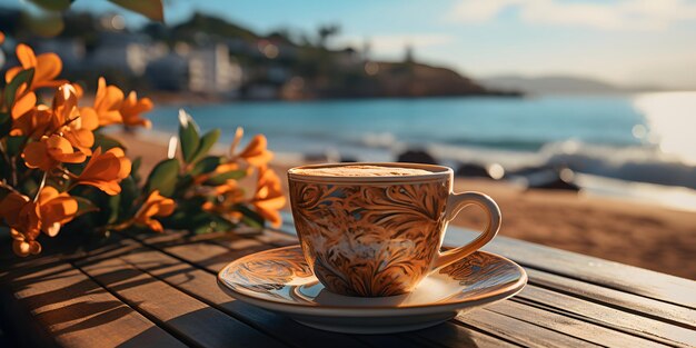 Foto uma xícara de café na mesa com uma bela vista da praia