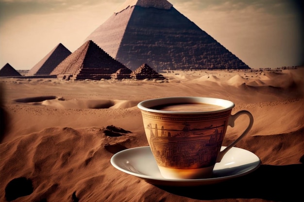 Uma xícara de café no fundo das pirâmides de Giza Generative AI