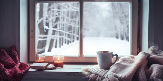 Uma xícara de café no parapeito de uma janela ao lado de uma vela Imagem generativa de IA