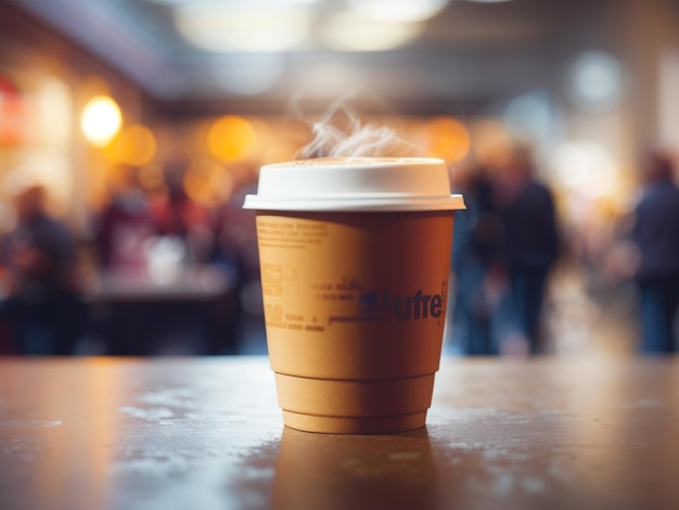 Uma xícara de café quente em um local público