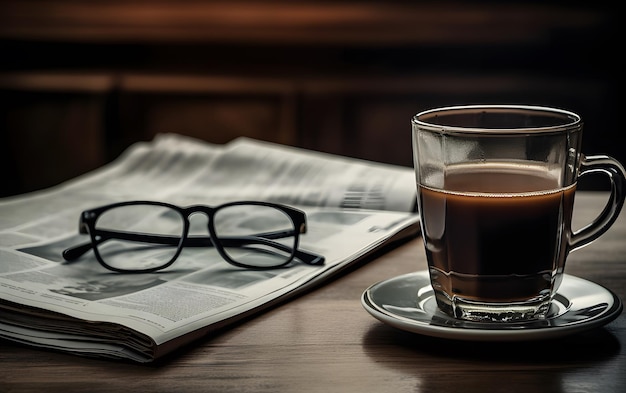 Uma xícara de café quente em uma mesa com óculos e óculos