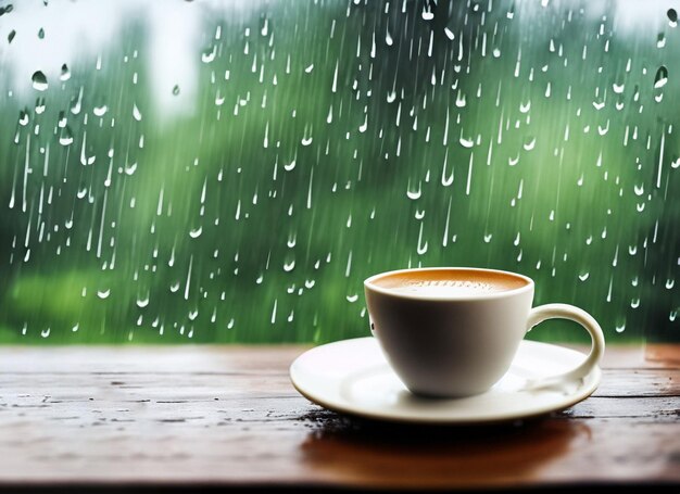 Uma xícara de café quente na chapa branca na mesa de madeira com espaço em dia chuvoso