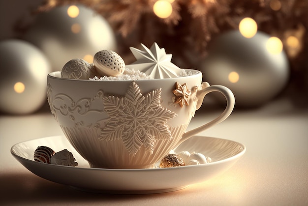 Uma xícara de café quente ou chocolate quente no fundo da decoração do tema de natal Conceito de feriado de celebração