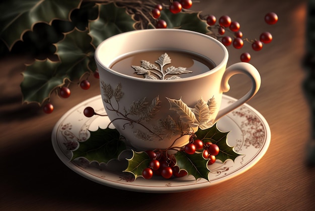 Uma xícara de café quente ou chocolate quente no fundo da decoração do tema de natal Conceito de feriado de celebração