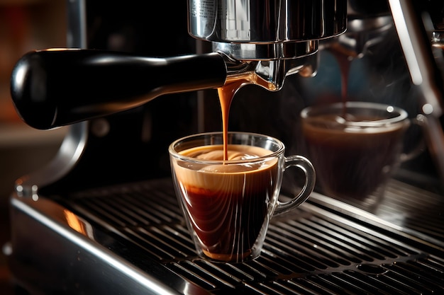 Uma xícara de café sendo enchida por uma máquina de café