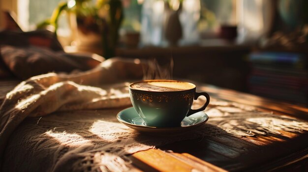 Uma xícara de café sentada em cima de uma mesa de madeira