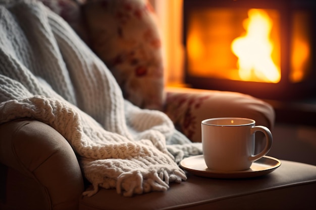 Foto uma xícara de café sentada em uma mesa ao lado de uma lareira