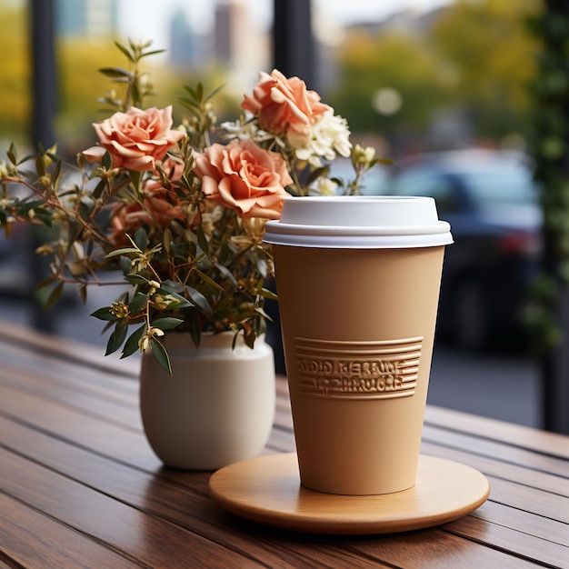 uma xícara de café sobre uma mesa com flores ao fundo