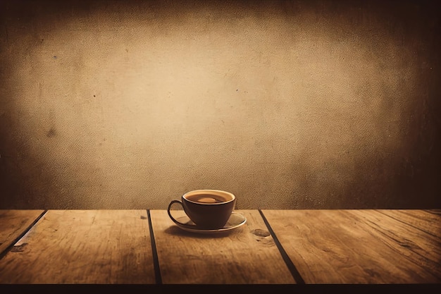 Uma xícara de café sobre uma mesa com fundo marrom