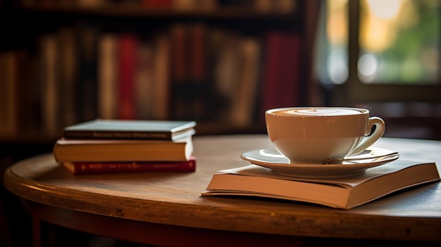 uma xícara de café sobre uma mesa com livros
