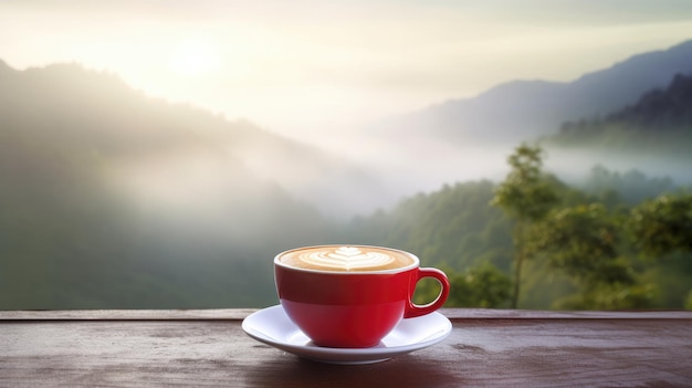 Uma xícara de café sobre uma mesa com montanhas ao fundo