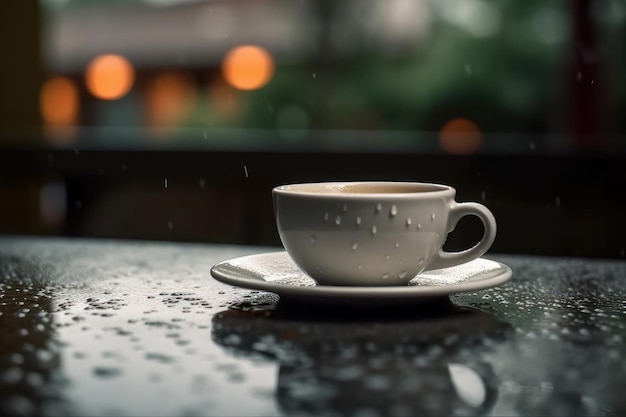 Uma xícara de café sobre uma mesa com o fundo da cidade