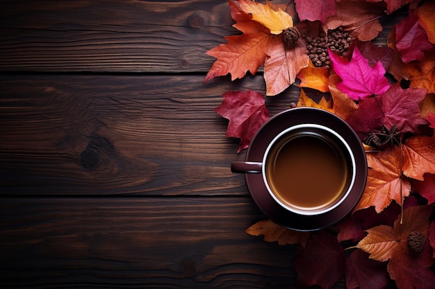 Uma xícara de café sobre uma mesa de madeira marrom com folhas amarelas e vermelhas do outono