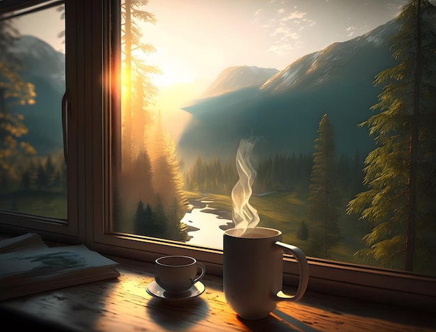 Uma xícara de café sobre uma mesa em frente a uma paisagem montanhosa